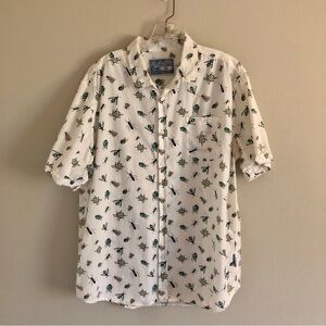 Vintage White Short-Sleeve Button-Down Shirt with insects